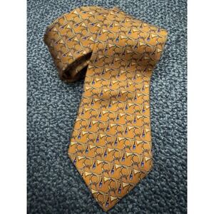 Men's Orange Silk Equestrian Chain Print Neck Tie Blue Gold Classic Luxury
